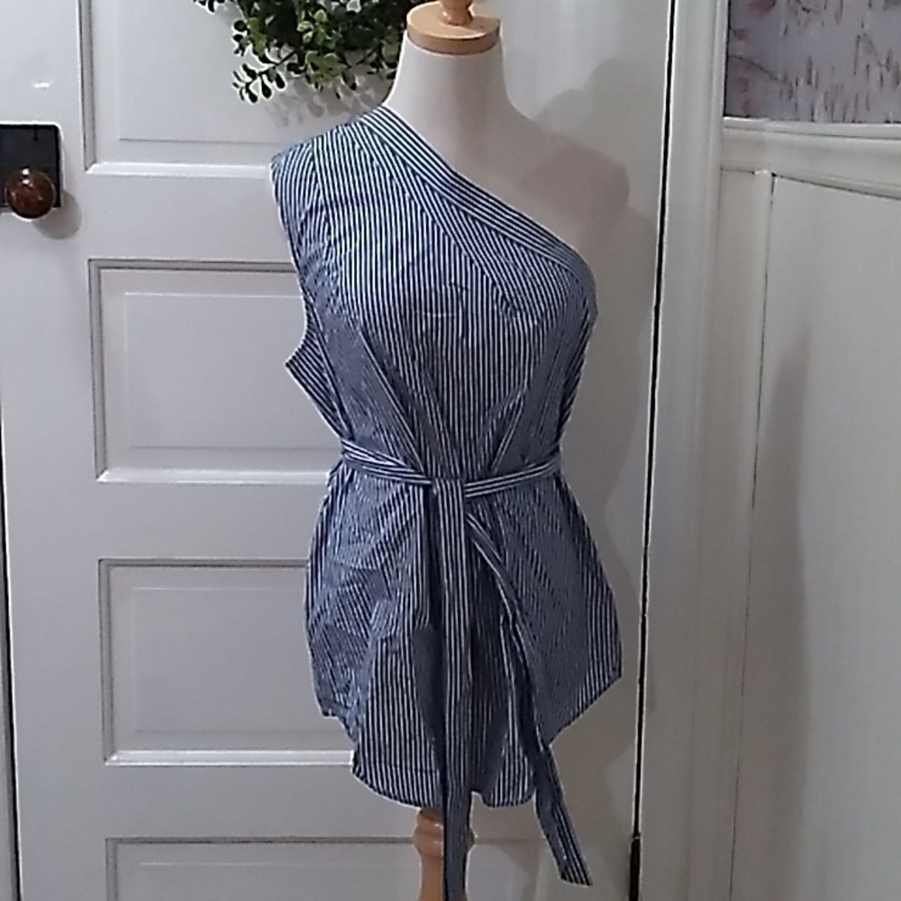 Banana Republic medium off the one shoulder blue white shirt